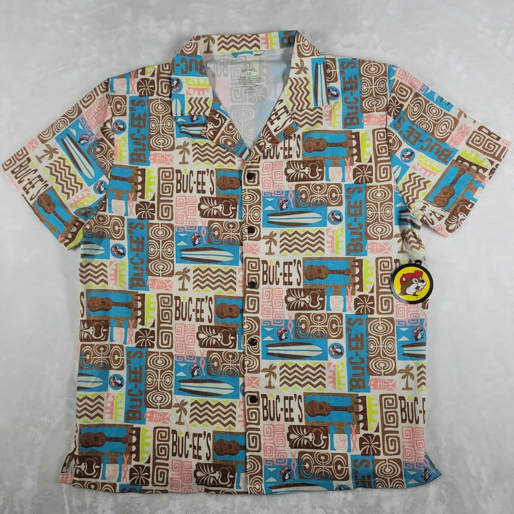 BUC-EE'S Hawaiian‎ Camp Shirt Men's Large Tiki Aloha Surfboard Guitar Casual NWT
